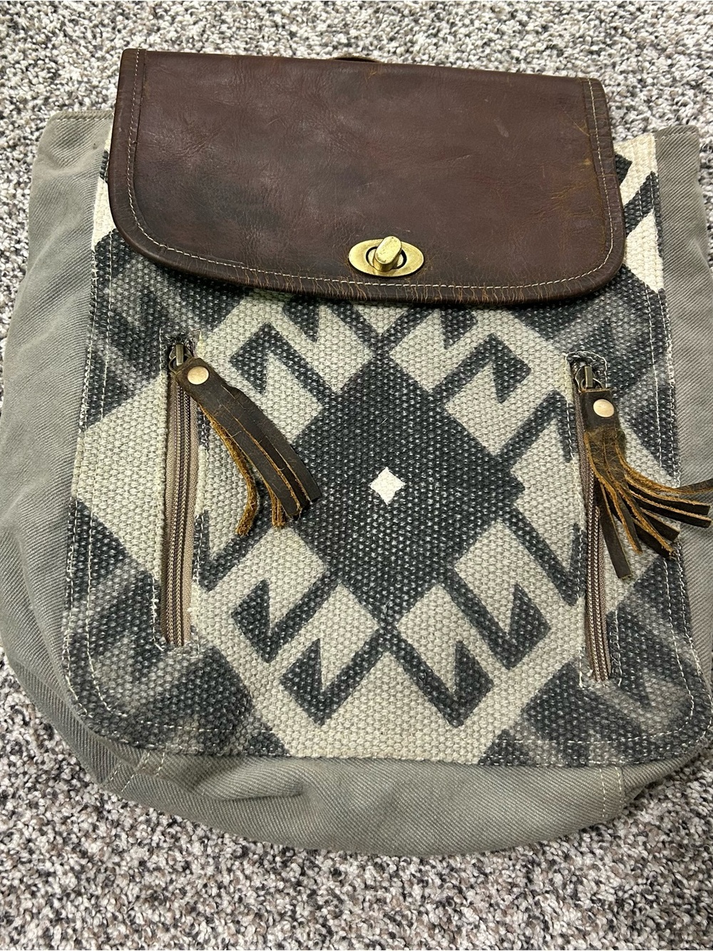 MYRA Bag Brown Leather Flap Canvas Medium Backpack Tassel Western Aztec Boho